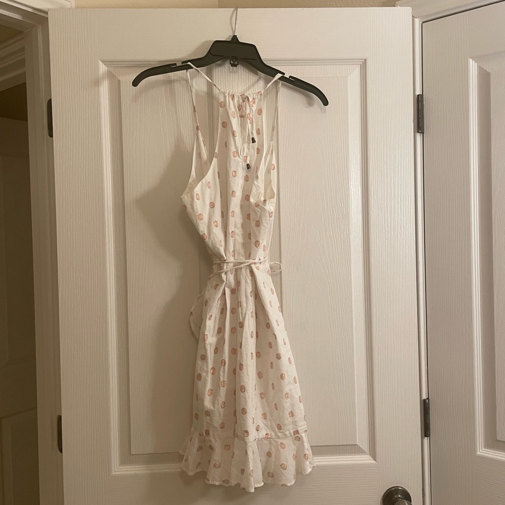 LOVERS + FRIENDS Gigi Polka Dot Print Flounce Wrap Dress in White and Pink - Picture 10 of 13